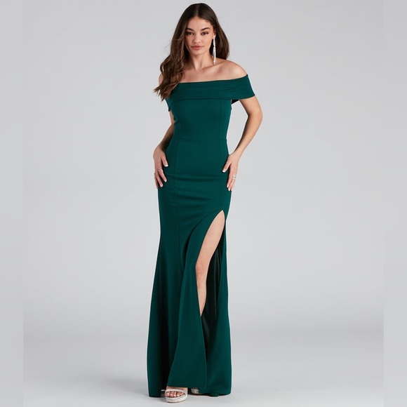 Windsor green dress, off the shoulder floor length high split maxi wedding prom - Picture 1 of 11
